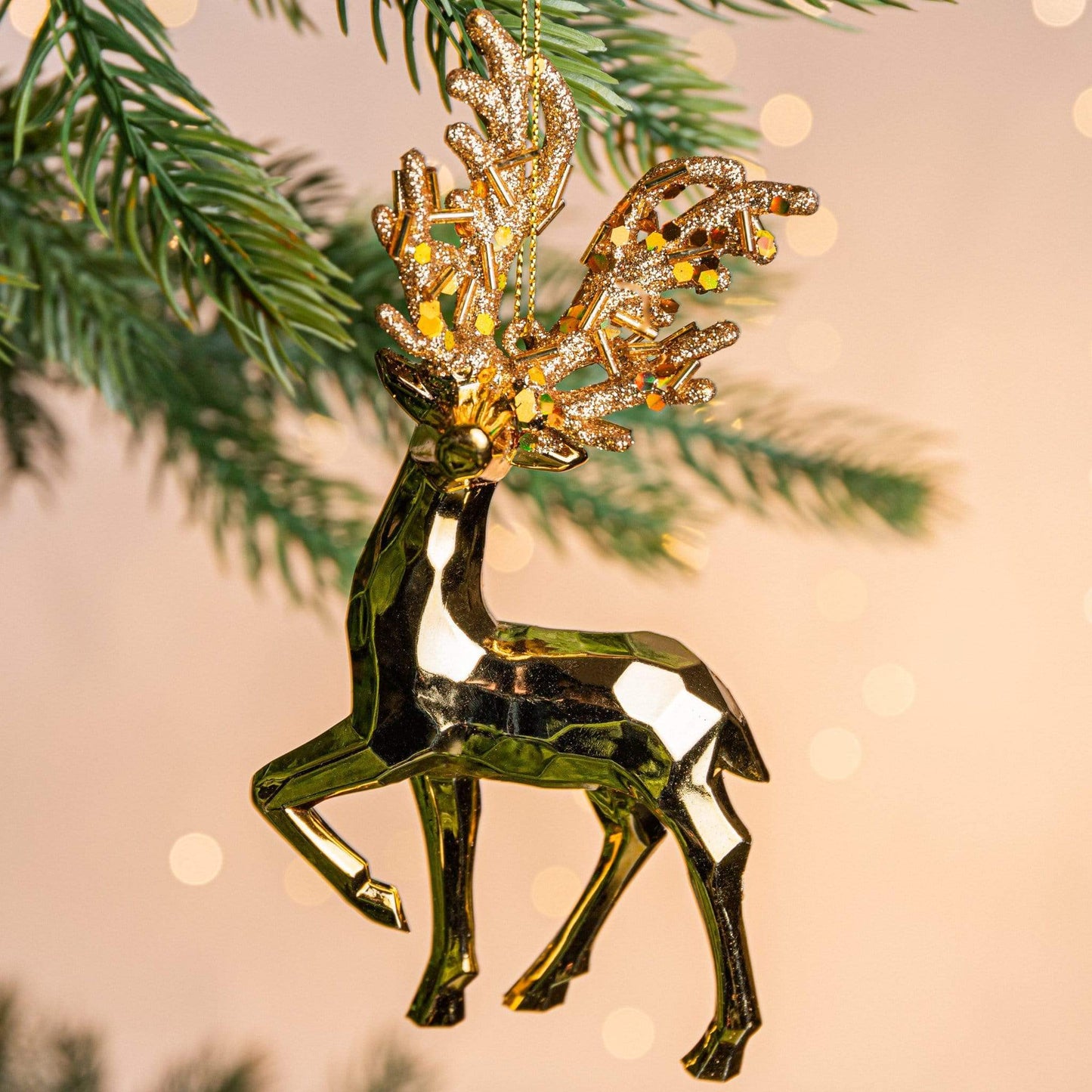 Christmas  -  Gold Mirror-Cut Reindeer Shatterproof Christmas Tree Decortaion - 16cm  -  50153624