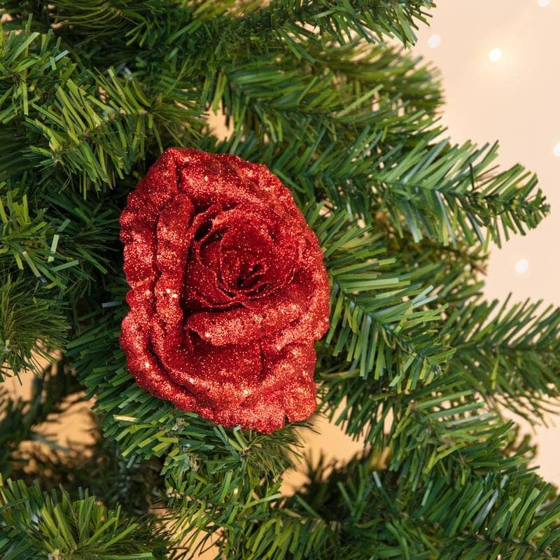 Christmas  -  Red Glittery Rose Clip-On Christmas Tree Decoration  - 16cm  -  50148940