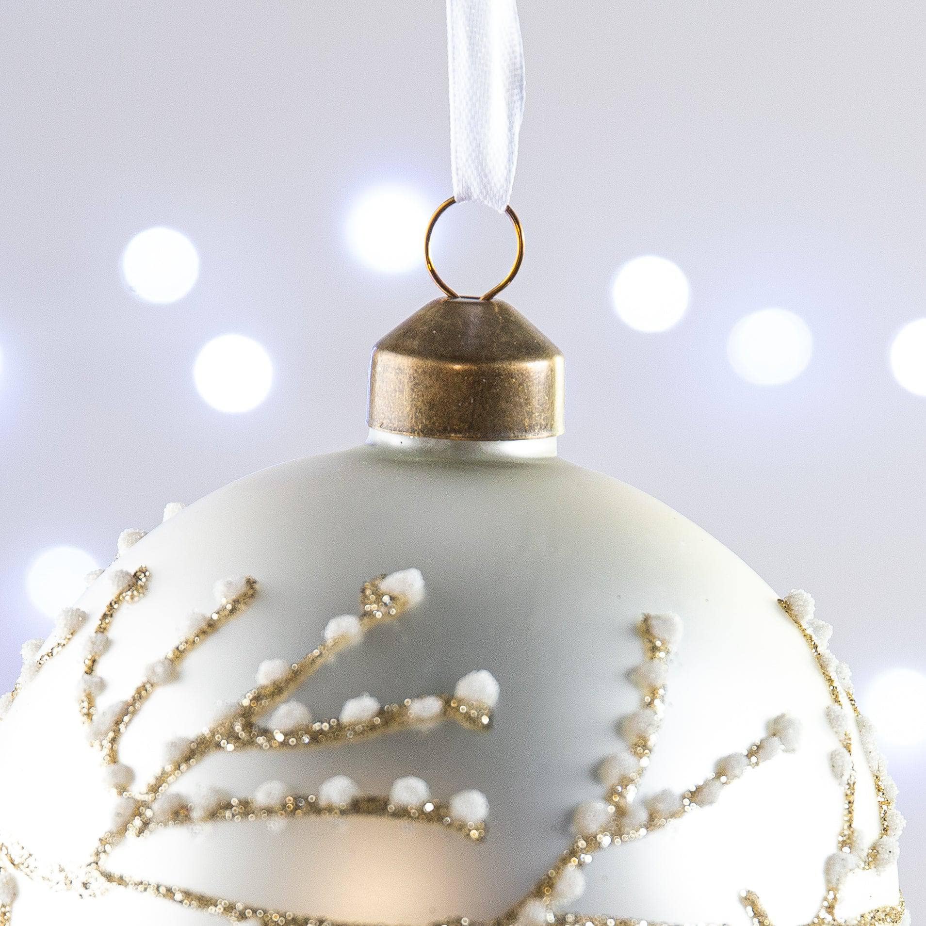 Christmas  -  White and Gold Glitter Branch Glass Bauble - 10cm  -  60004033