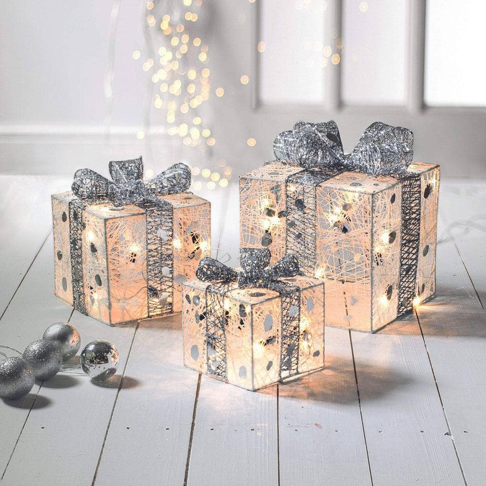 Christmas  -  Set Of 3 Warm White And Silver LED Christmas Parcels  -  50154890