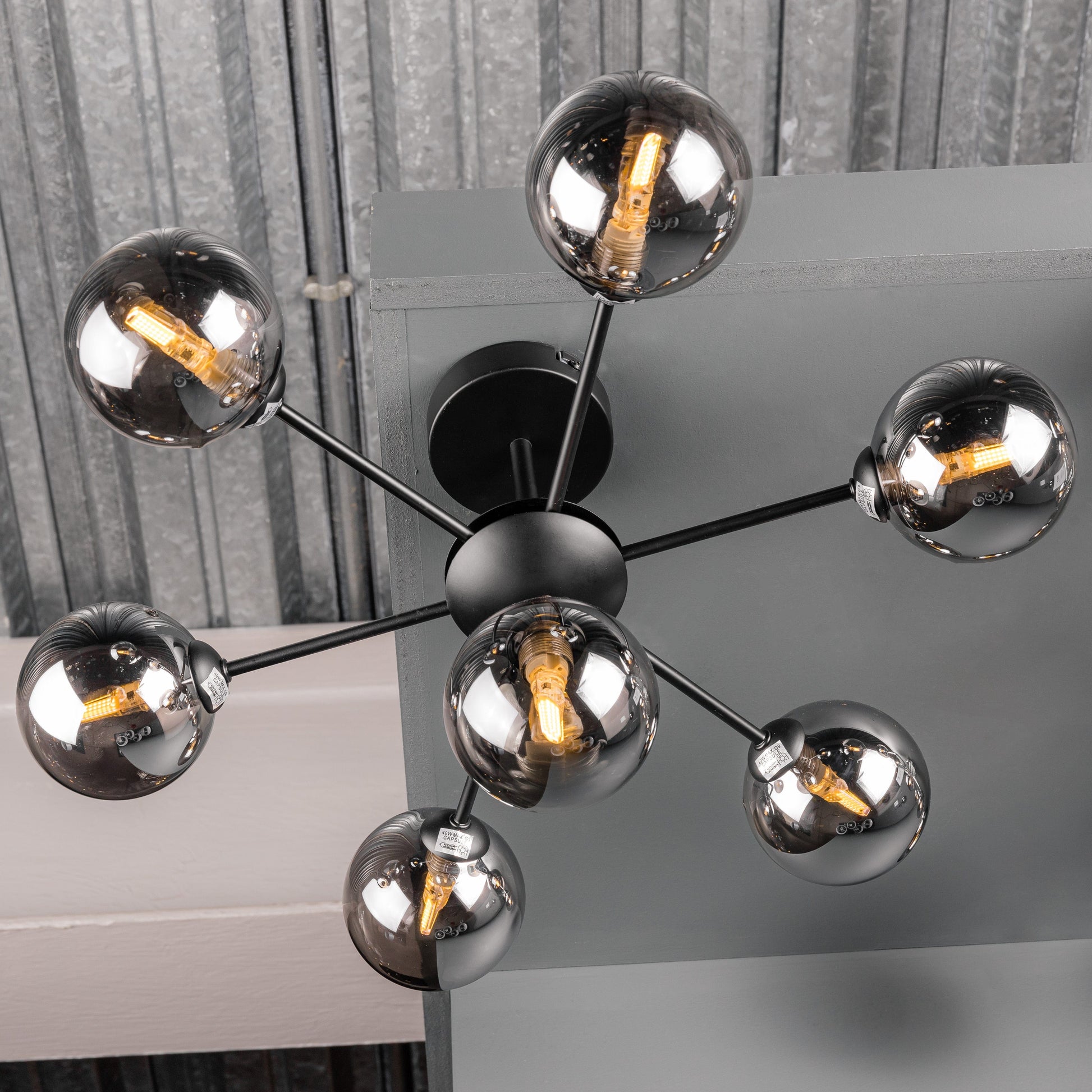 Lights  -  Semi Flush In Matt Black With Smoked Glass 7 Ceiling Light  -  50155806