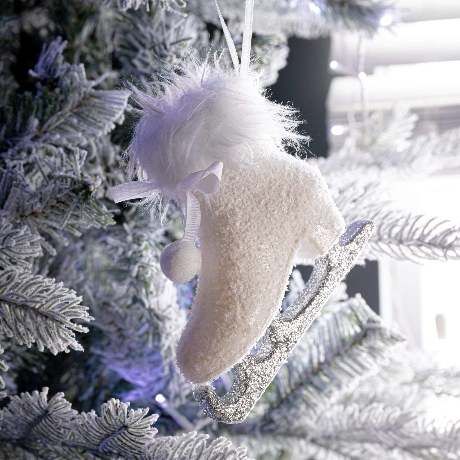 Christmas  -  White Glitter Skate Christmas Tree Decoration - 12cm  -  50153794