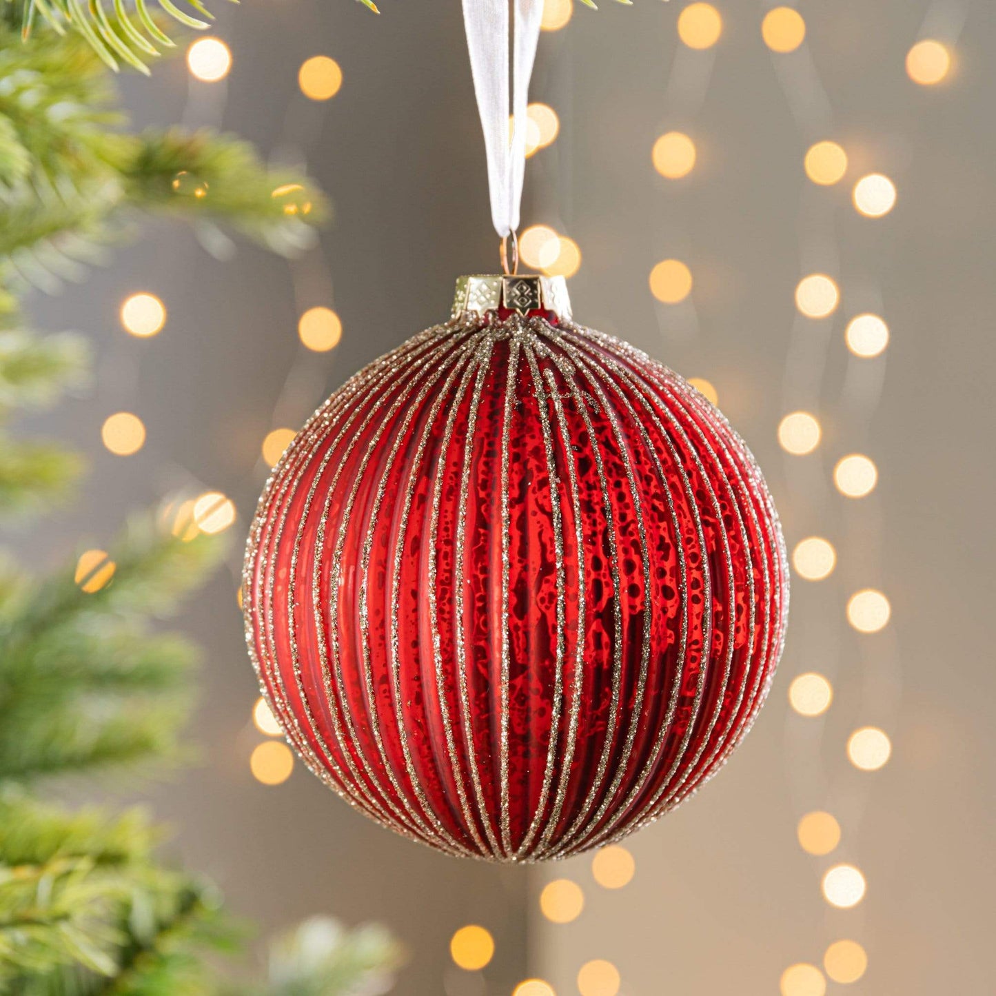 Christmas  -  Red and Gold Glitter Striped Glass Bauble - 10cm  -  50153494