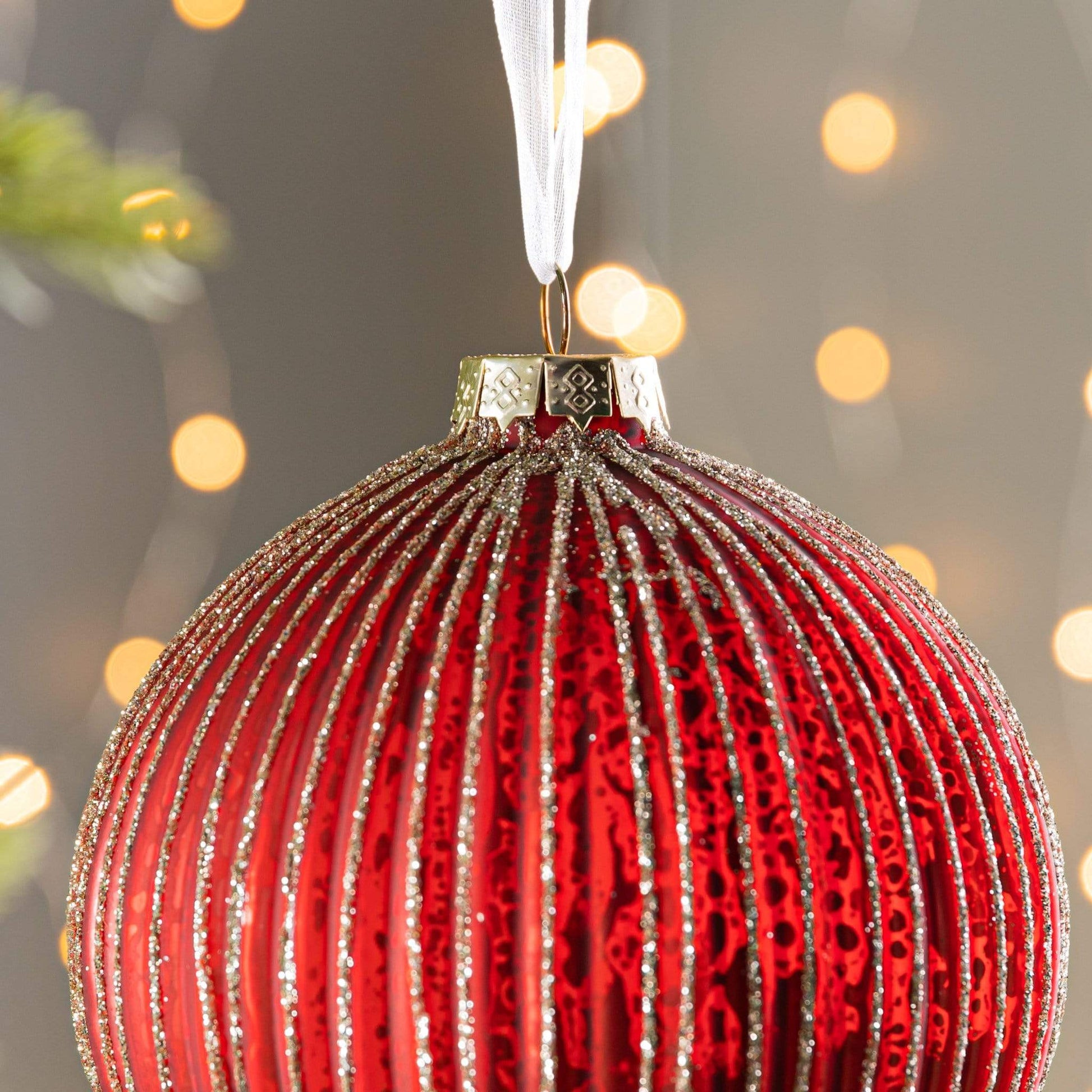 Christmas  -  Red and Gold Glitter Striped Glass Bauble - 10cm  -  50153494